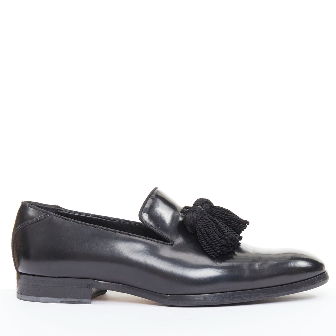 JIMMY CHOO  Foxley black shiny calf leather rope tassel loafer shoes EU43