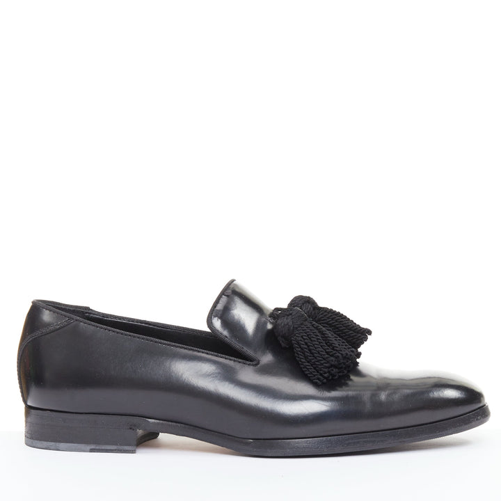JIMMY CHOO  Foxley black shiny calf leather rope tassel loafer shoes EU43