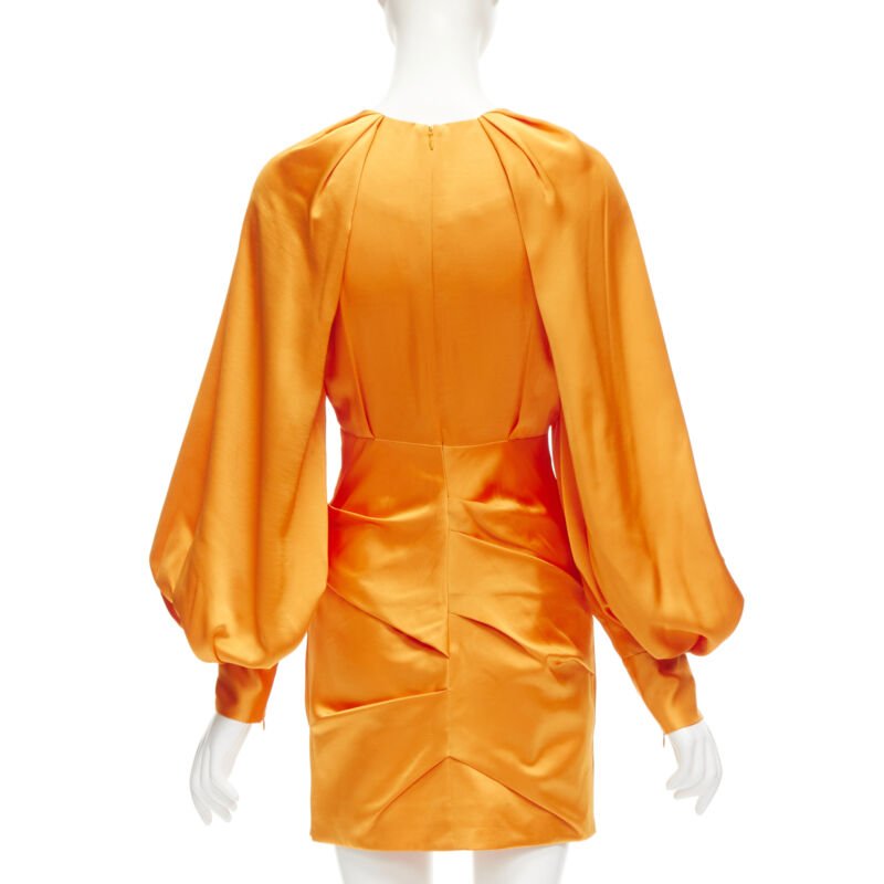 ACLER bright orange silky keyhole draped raglan puff sleeves mini dress US2 XS