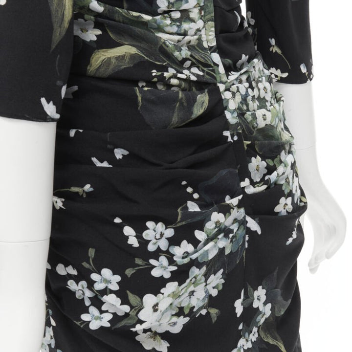 DOLCE GABBANA silk black white green floral print ruched bodycon dress IT40 XS
