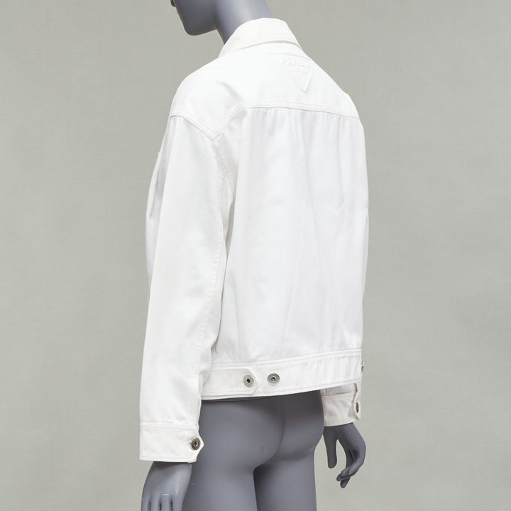 PRADA 2021 white denim 3D logo back pocketed cropped zip up jacket M