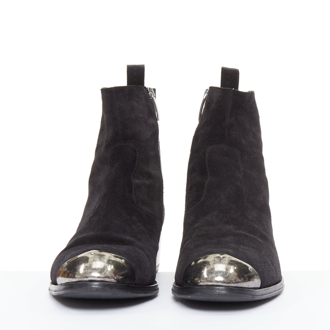 GIUSEPPE ZANOTTI Sheldon black suede silver metal toe cap  ankle boots EU44