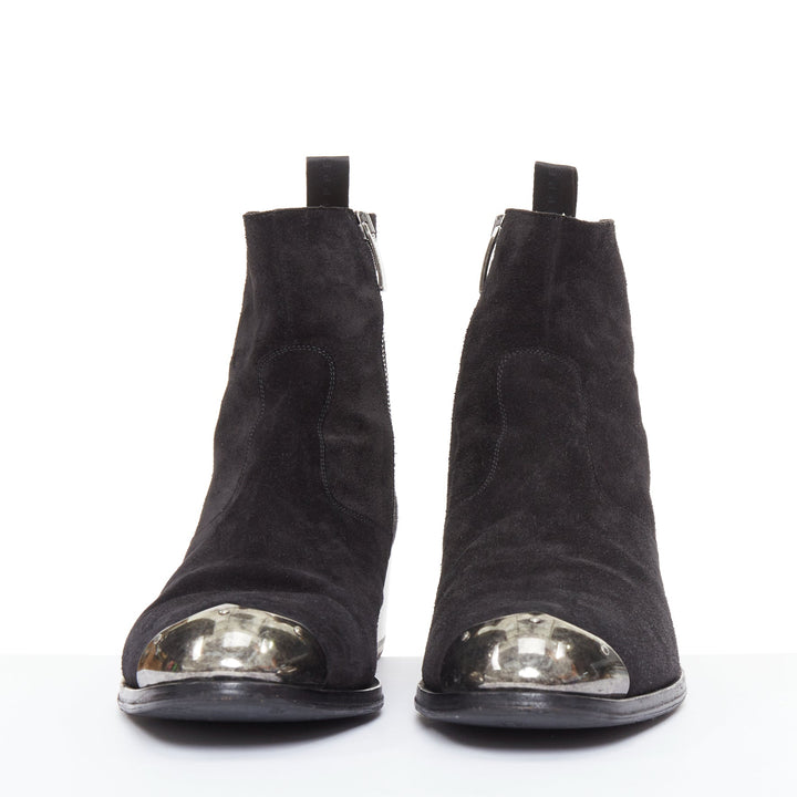 GIUSEPPE ZANOTTI Sheldon black suede silver metal toe cap  ankle boots EU44