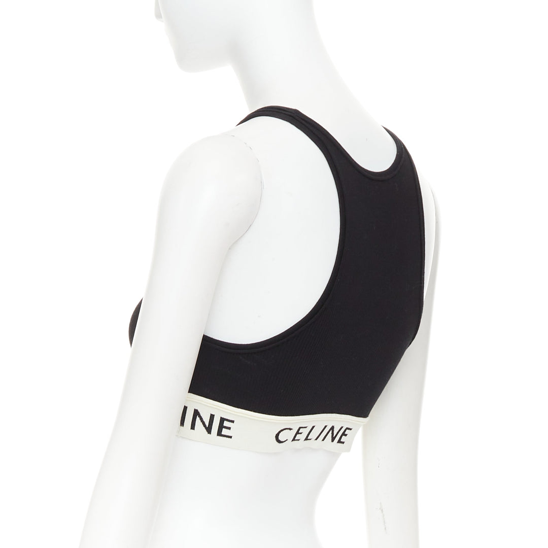 CELINE black cotton blend cream ribbed logo round neck bra top  Lisa Blackpink