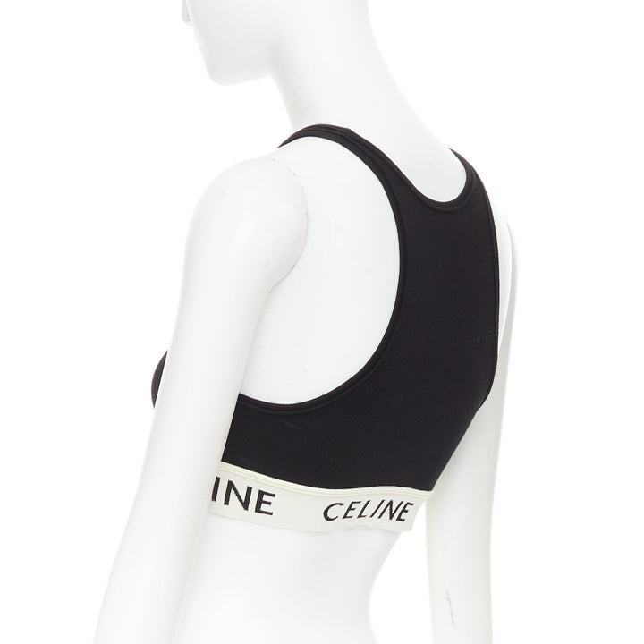 CELINE black cotton blend cream ribbed logo round neck bra top  Lisa Blackpink