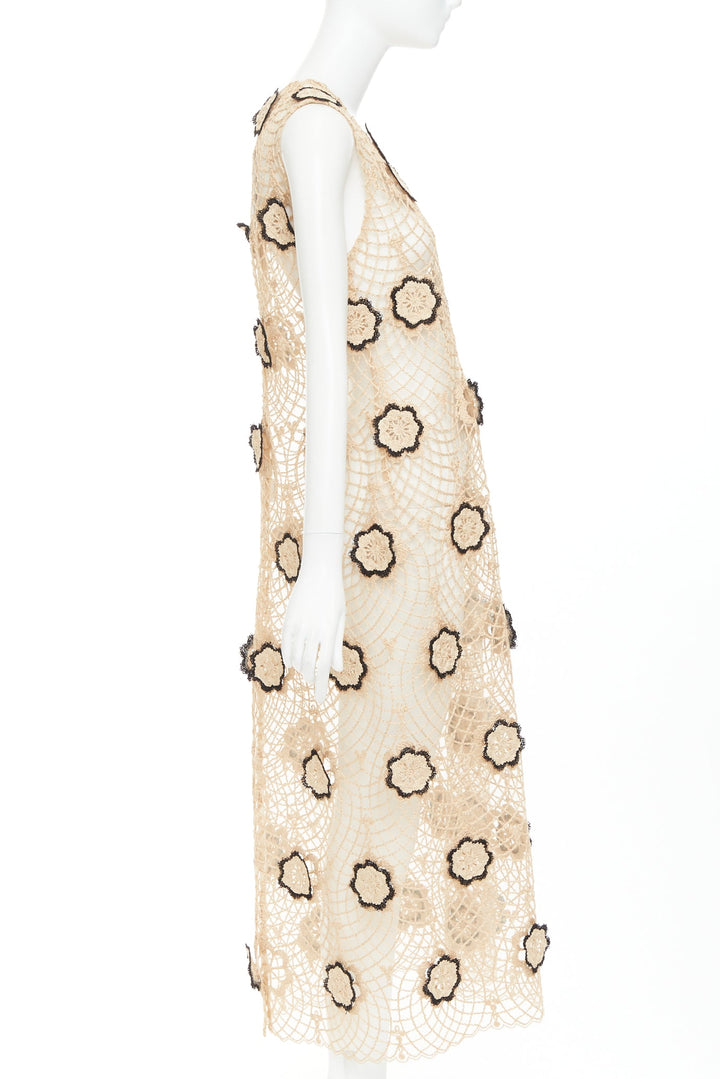 BEAUFILLE Zelle beige black braided jute black floral applique macrame dress L