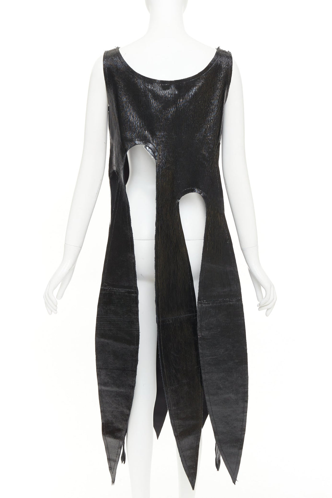 rare COMME DES GARCONS 2019 black textured cowhide leather fringed petal top XS