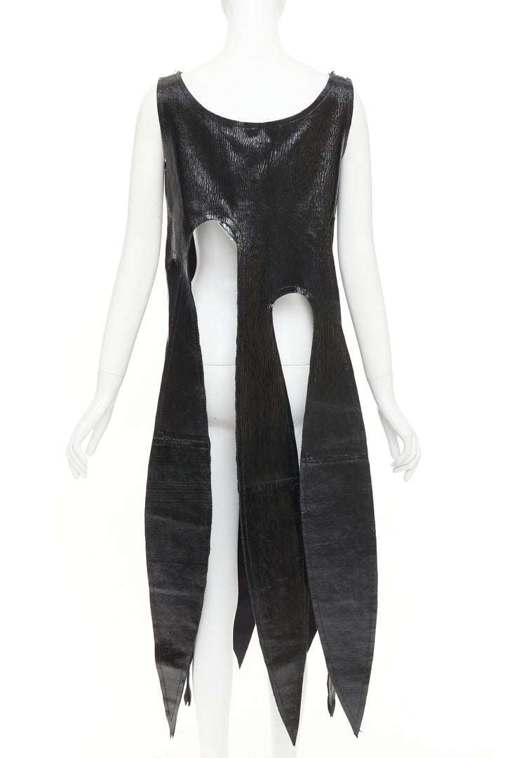 rare COMME DES GARCONS 2019 black textured cowhide leather fringed petal top XS