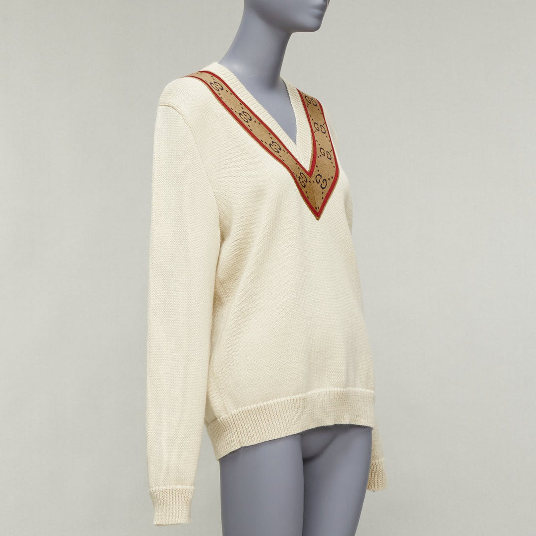 GUCCI 100% wool cream Vintage GG monogram V-neck varsity sweater S