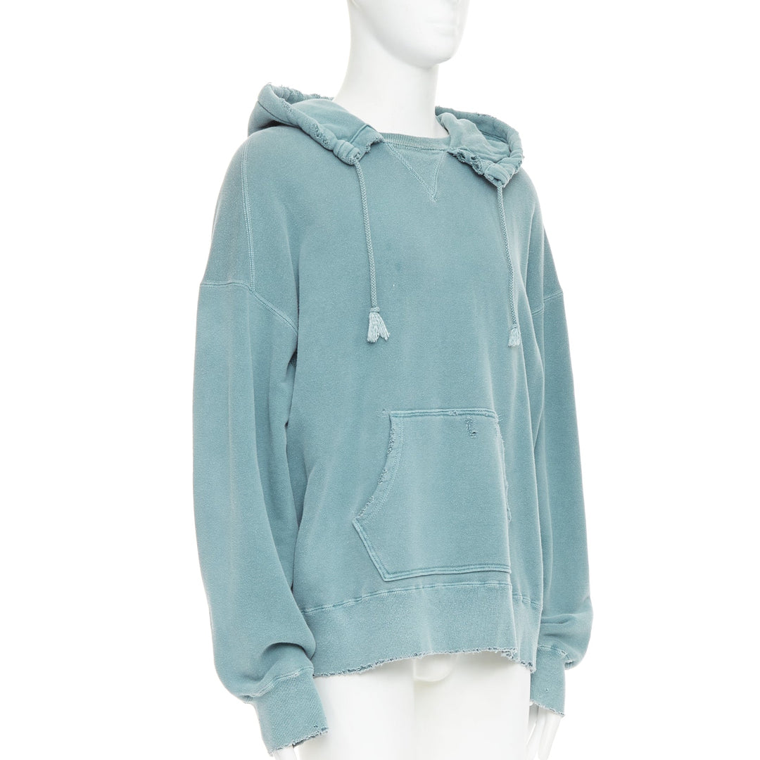 ANCELLM teal blue washed cotton drawstring distressed oversized hoodie JP1 S