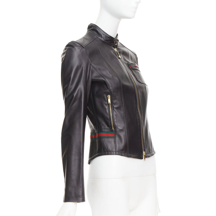 GUCCI Vintage black leather green red web moto biker jacket IT38 XS