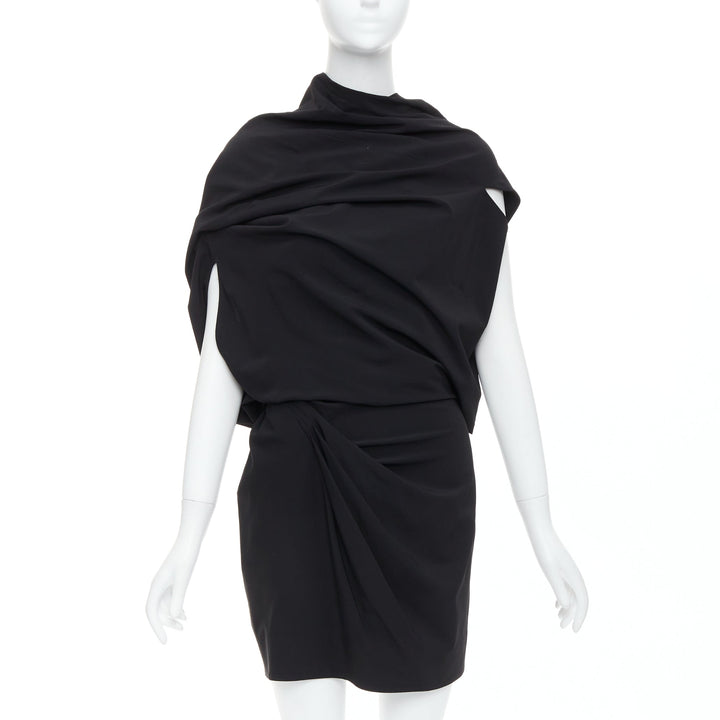 DONNA KARAN black drape cowl wrap front ruched dress US2 S