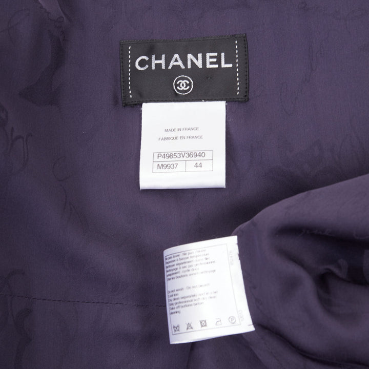 CHANEL 2014 purple metallic CC button four pocket collarless tweed coat FR44