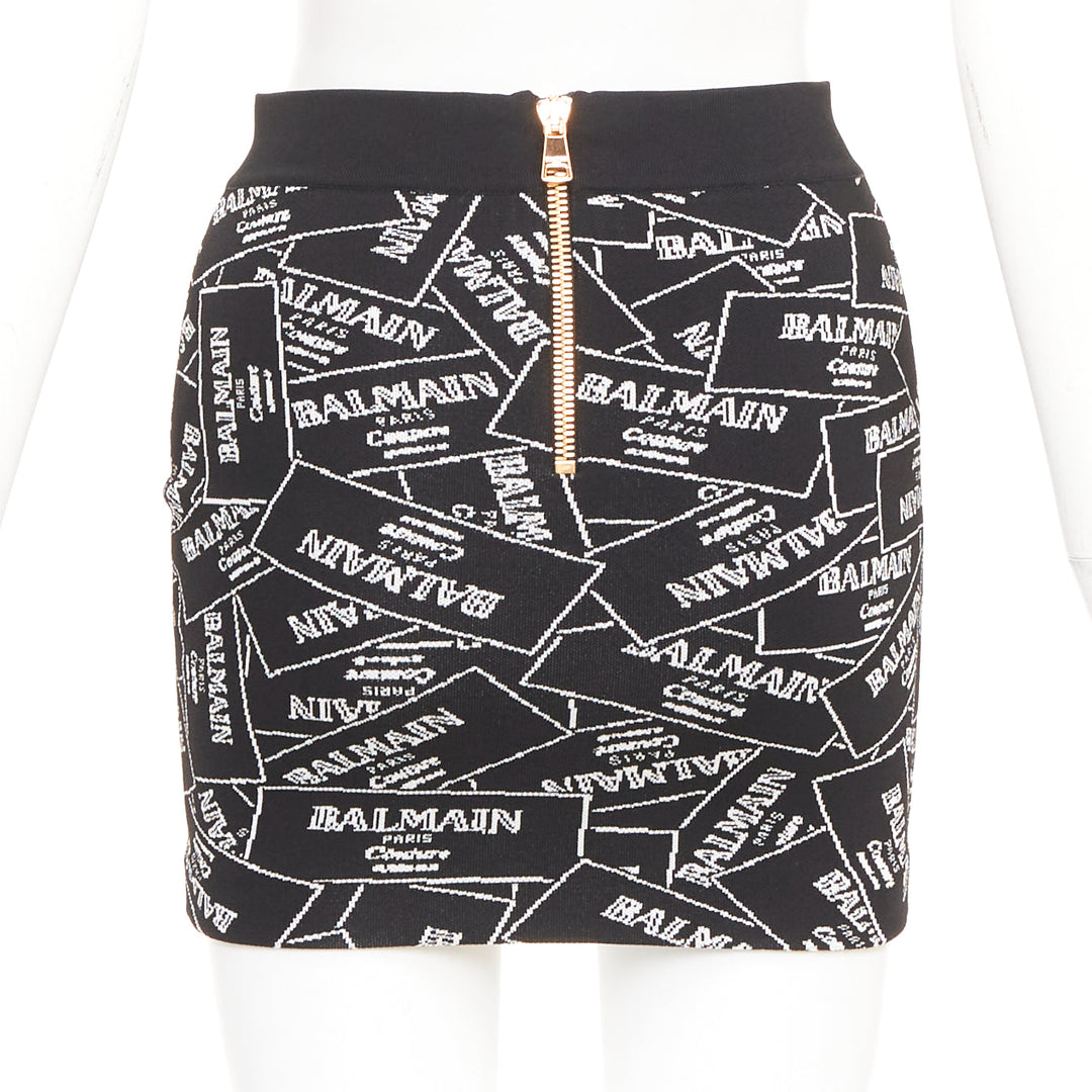 BALMAIN 2025 Label Jacquard Knit black white logo box intarsia skirt FR34 XS