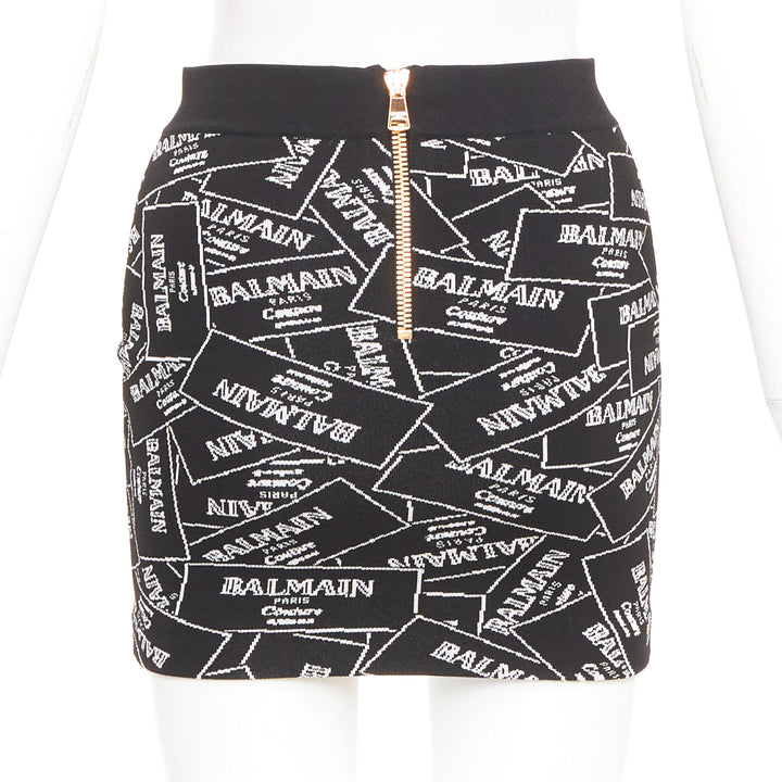 BALMAIN 2025 Label Jacquard Knit black white logo box intarsia skirt FR34 XS