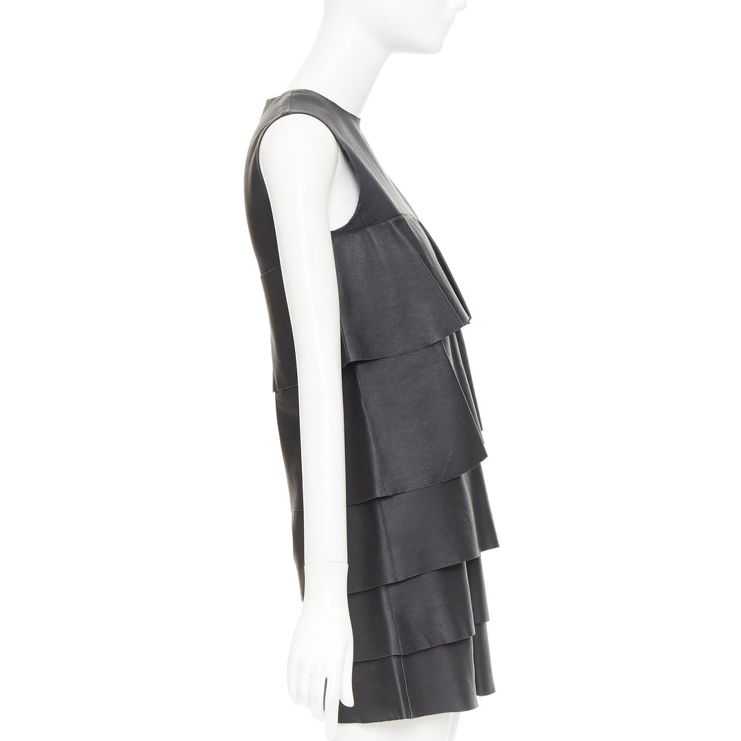 CELINE 2014 Phoebe Philo black lambskin leather crew tiered mini dress FR38 M