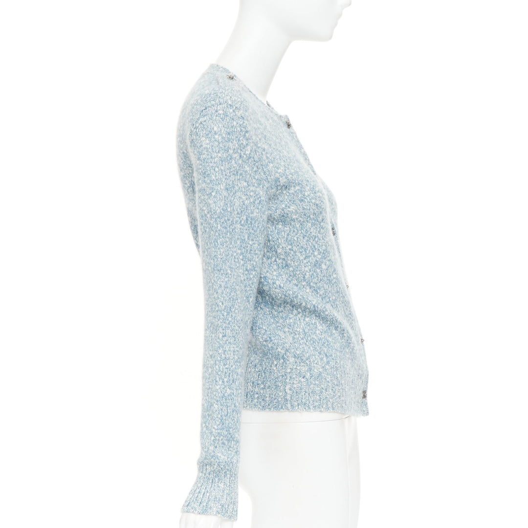 CHANEL blue melange cashmere CC turnlock buttons cardigan sweater FR36 S