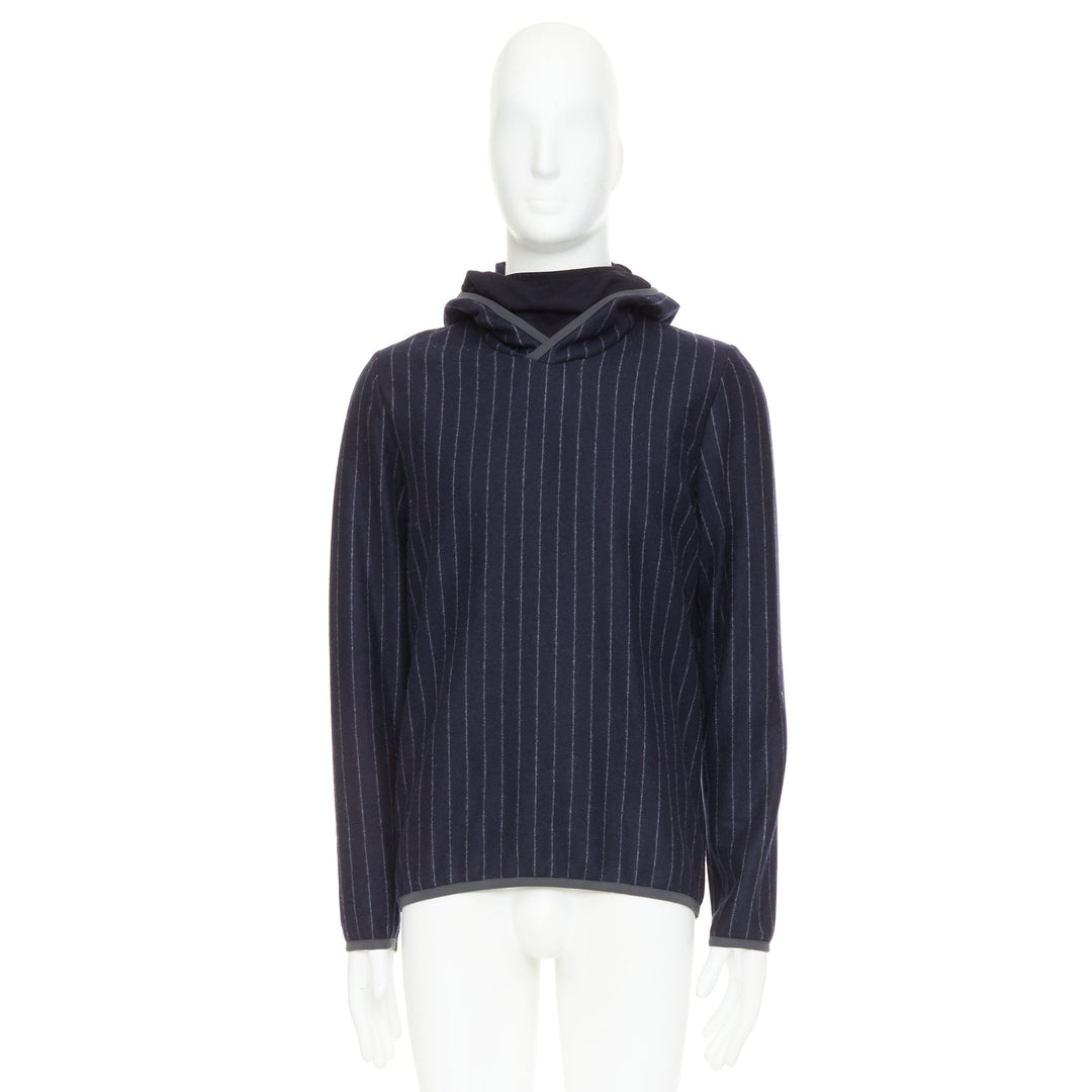 SEASE Drone Hood navy virgin wool cashmere pinstripe trimmed hoodie S
