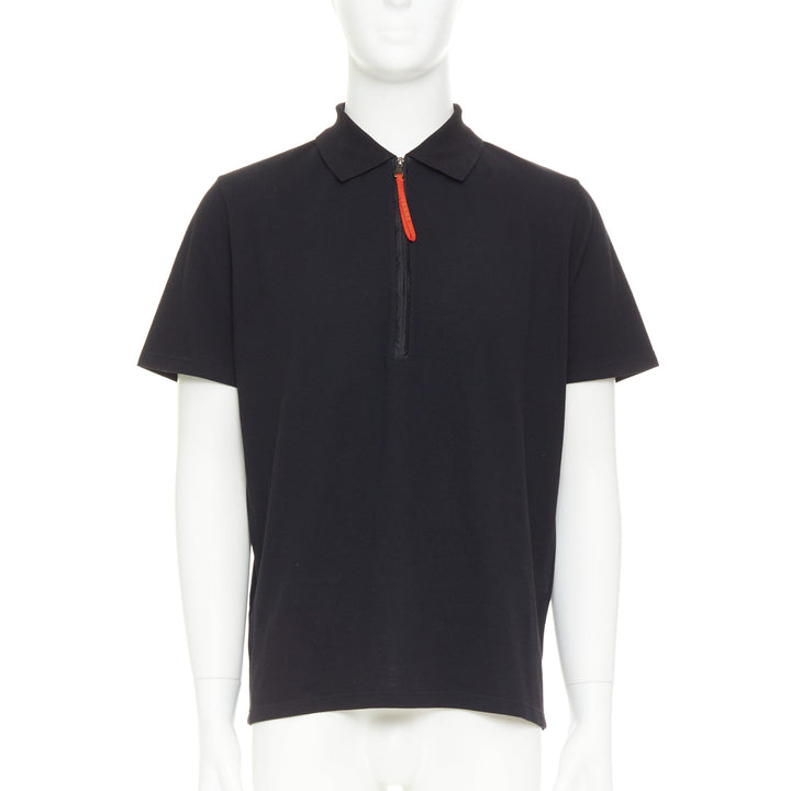 PRADA Linea Rossa black cotton pique red pull half zip polo shirt L