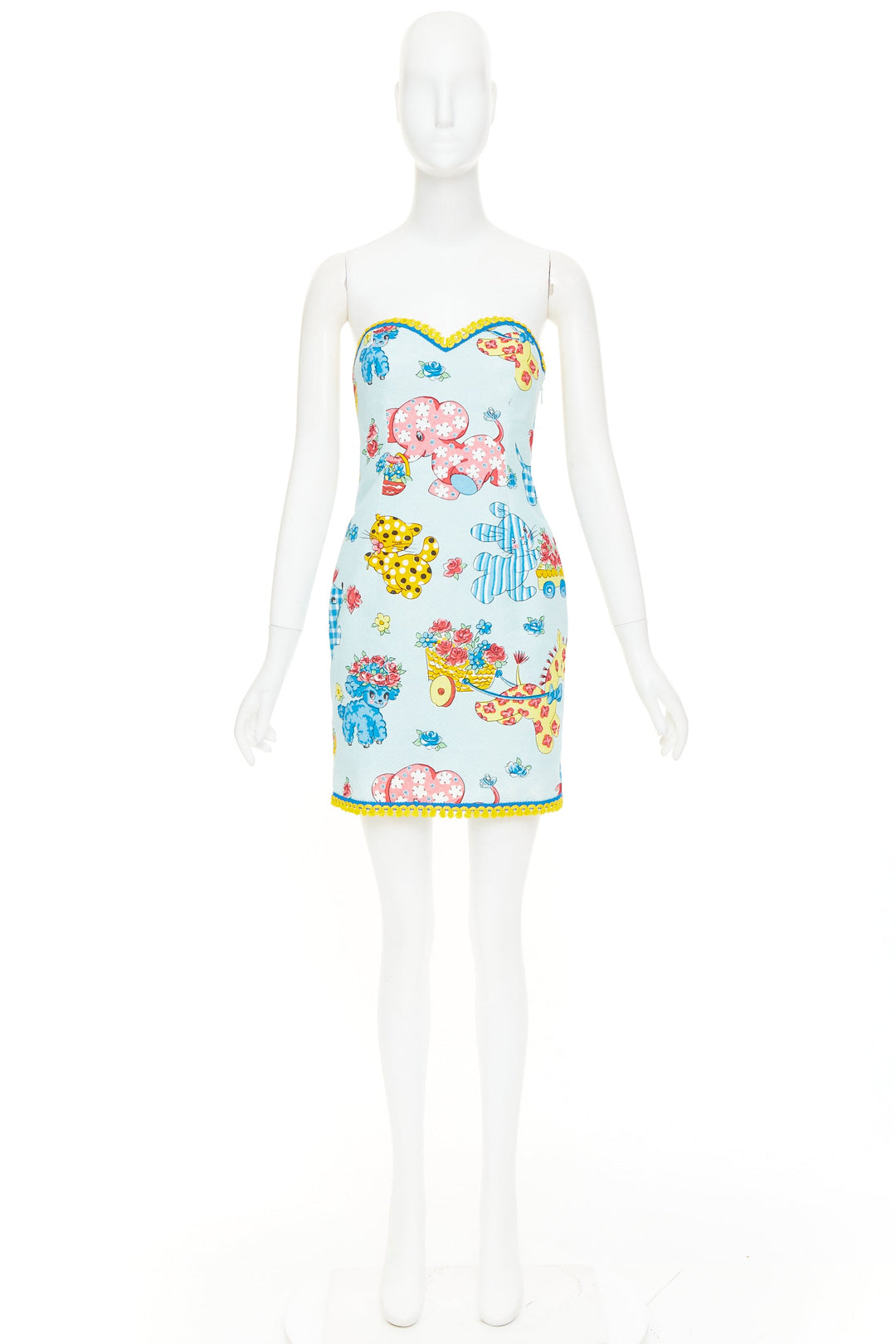 MOSCHINO COUTURE! 2022 Runway Calico Animals blue strapless dress IT38 XS