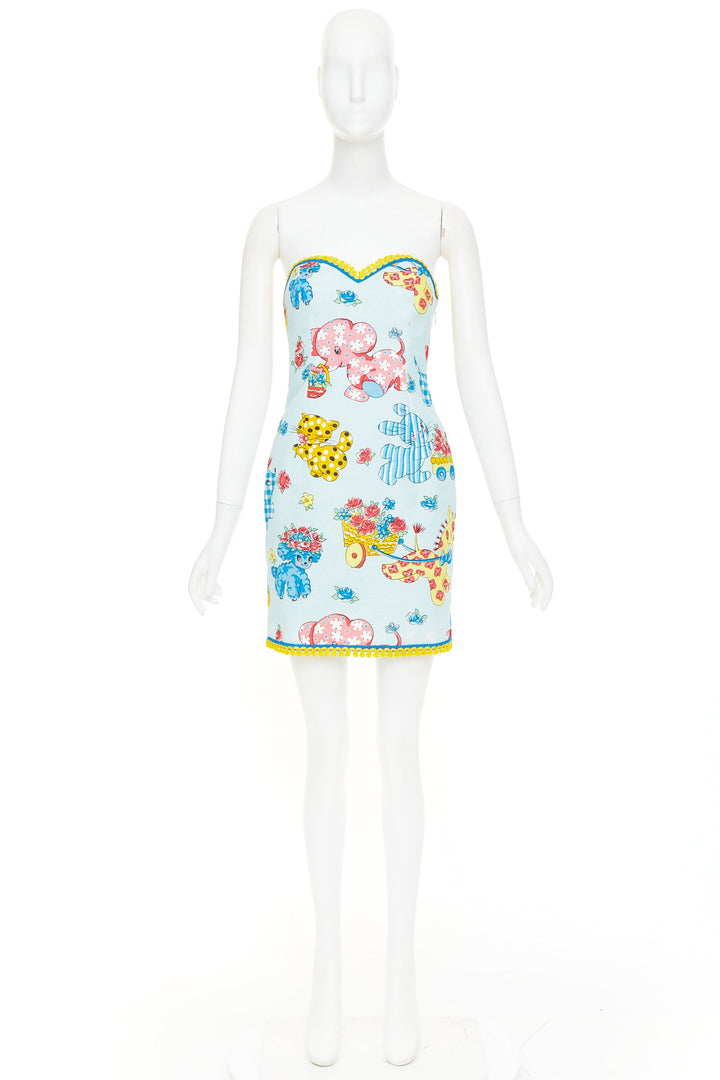 MOSCHINO COUTURE! 2022 Runway Calico Animals blue strapless dress IT38 XS