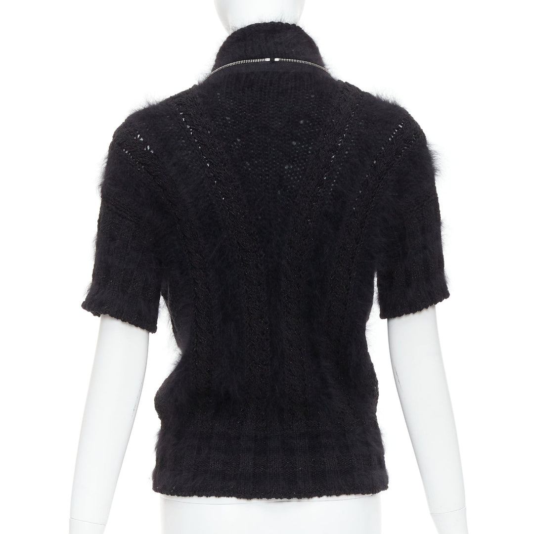 CHANEL 08A black fluffy angora blend CC zip layered sweater FR36 S