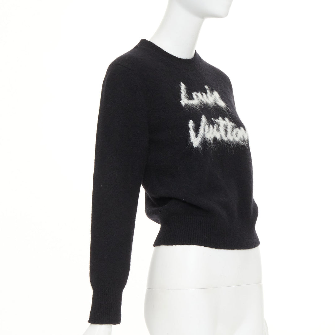 LOUIS VUITTON Cursive Signature black white wool blend fluffy logo sweater XS