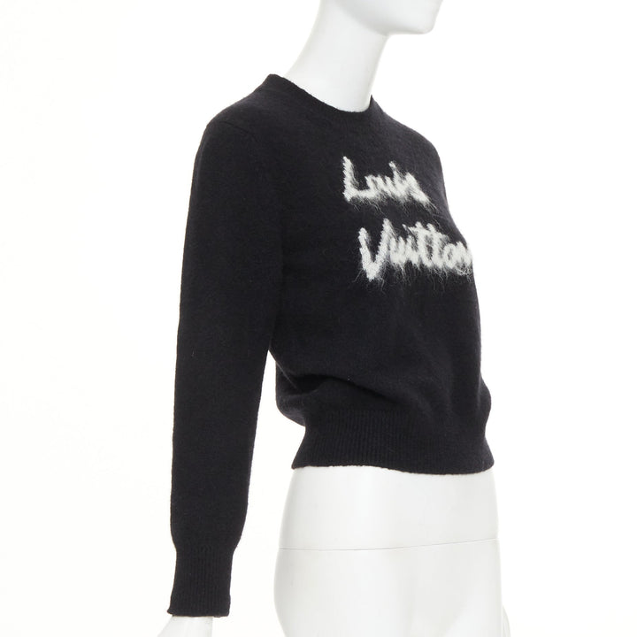 LOUIS VUITTON Cursive Signature black white wool blend fluffy logo sweater XS