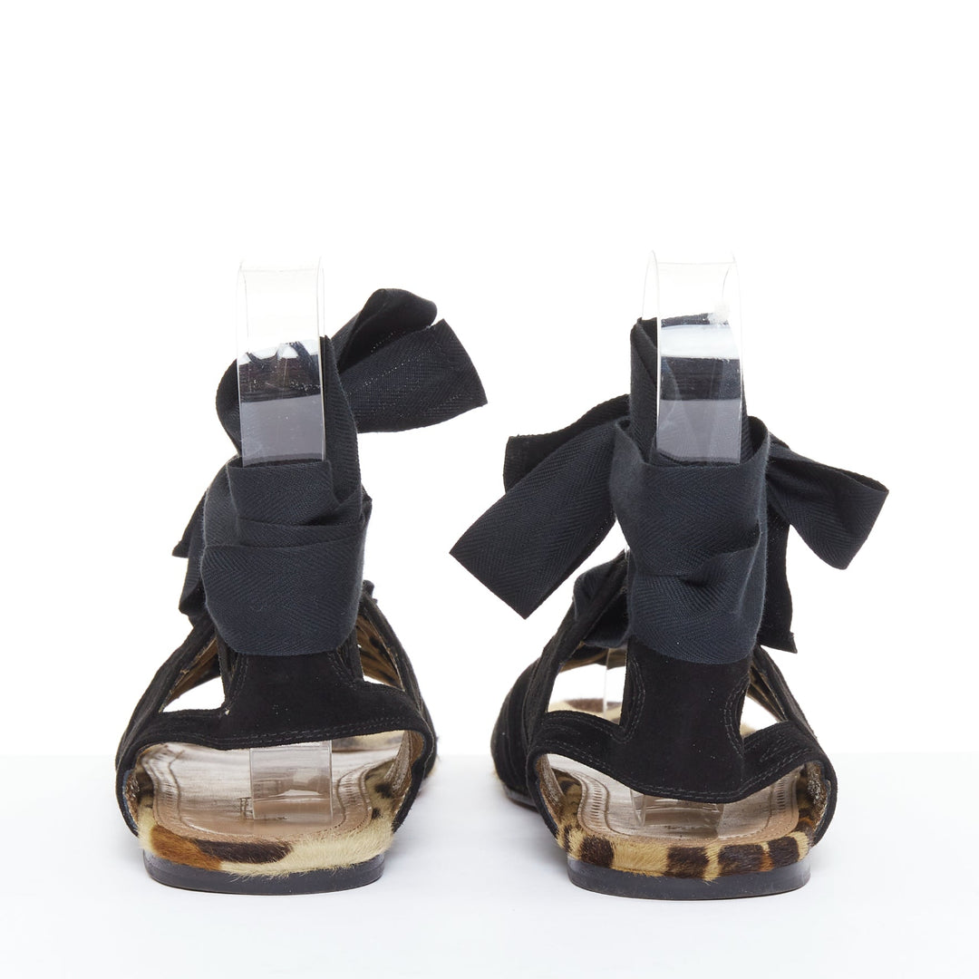 ALAIA black suede leopard pony hair wrap tie lace up gladiator sandals EU36.5