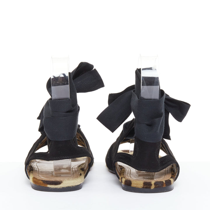 ALAIA black suede leopard pony hair wrap tie lace up gladiator sandals EU36.5