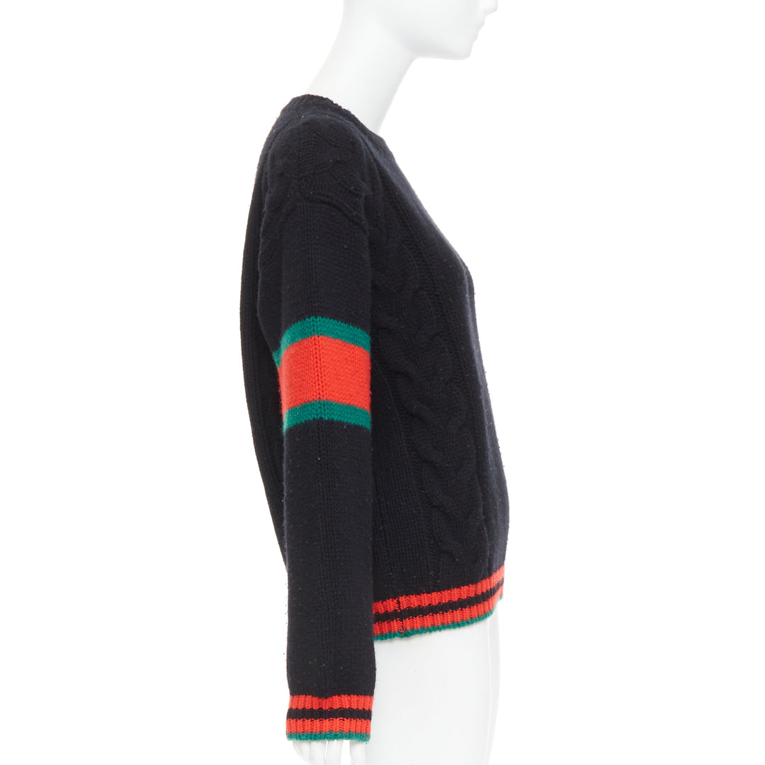 GUCCI 2021 black wool red green trim cable braid crew neck sweater XS