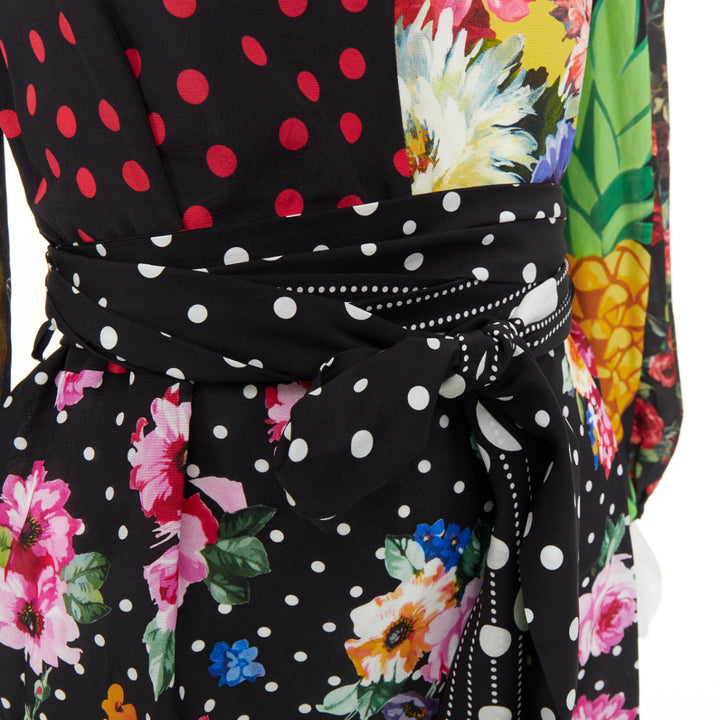 DOLCE GABBANA 2021 Runway patchwork floral pineapple polka dot silk top IT38 XS