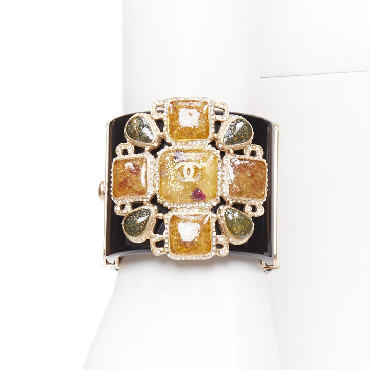 CHANEL B12A Byzantine Cross Gripoix black gold resin clamper cuff bangle
