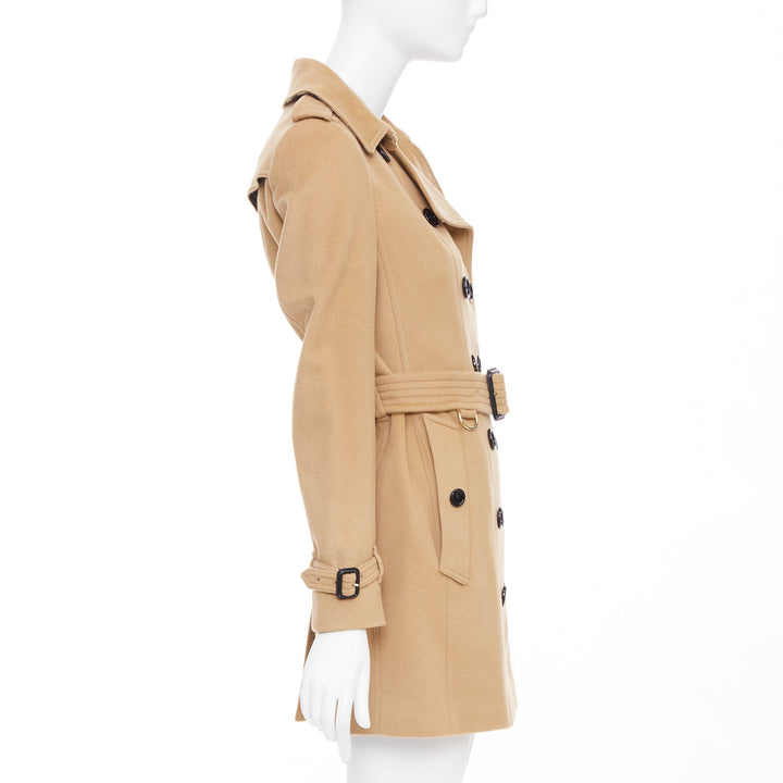 BURBERRY camel wool cashmere black logo buttons classic trench coat UK4 XXS