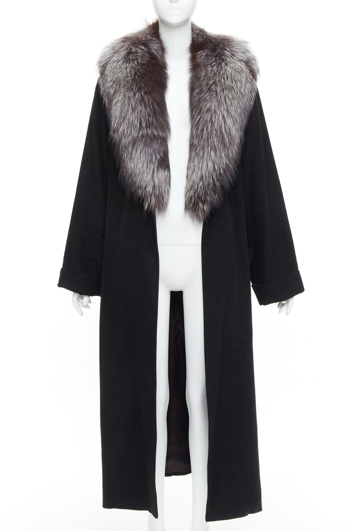 ESCADA Vintage black 100% cashmere brown fur collar belted long coat IT42 M