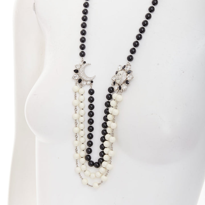 CHANEL C23C crystal CC logo sun moon black white beads long necklace