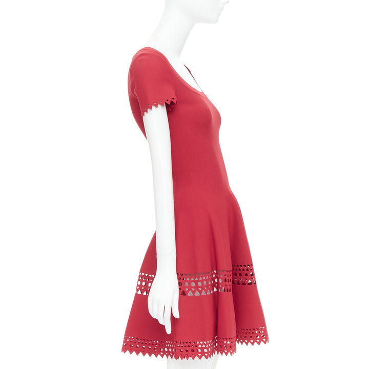 ALAIA red laser cut out cap sleeves wide round neck fit flared dress FR38 M