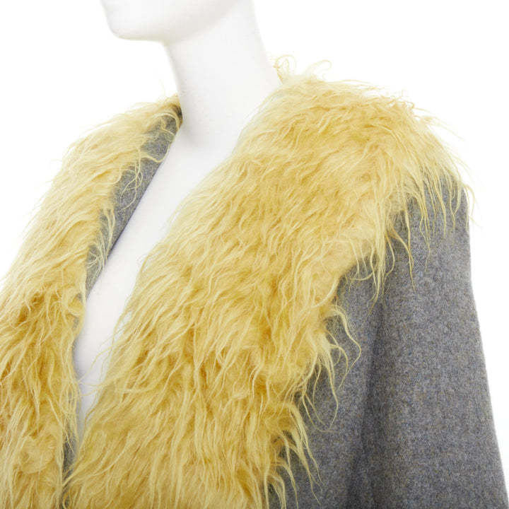 MIU MIU 2017 yellow faux shaggy fur grey wool XL buttons coat IT38 XS
