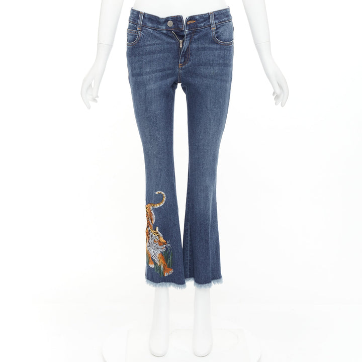 STELLA MCCARTNEY 2016 brown tiger embroidery blue flare jeans 26"