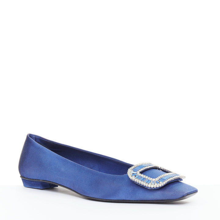 ROGER VIVIER Dec Belle Strass cobalt blue satin crystal buckle flats EU37.5