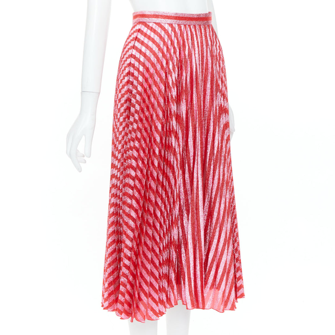 GUCCI 2015 Runway red pink chevron stripe lurex silk pleated midi skirt IT36 XXS