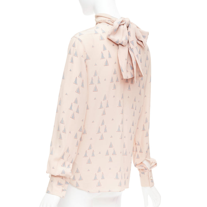 VALENTINO 100% silk blush pink grey triangle print tie neck blouse US4 S