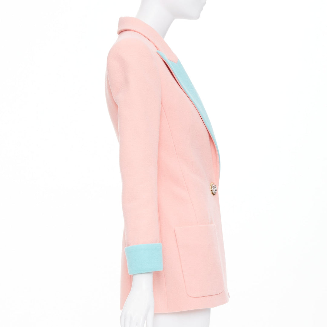 BALMAIN 2024 Runway pink blue wool crepe hourglass fitted Power blazer FR34 XS