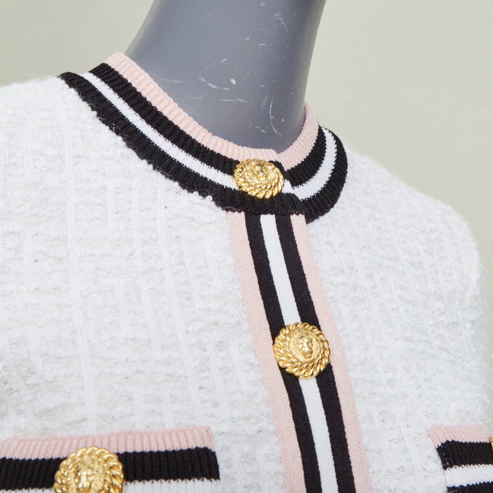 BALMAIN 2024 maze knit striped border short sleeve lion button cardigan FR34 XS