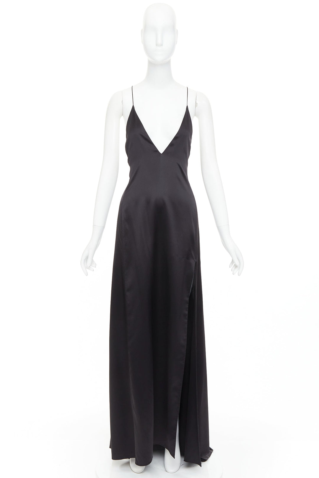SAINT LAURENT 2022 Runway black silk plunge open back high slit slip gown FR40 M