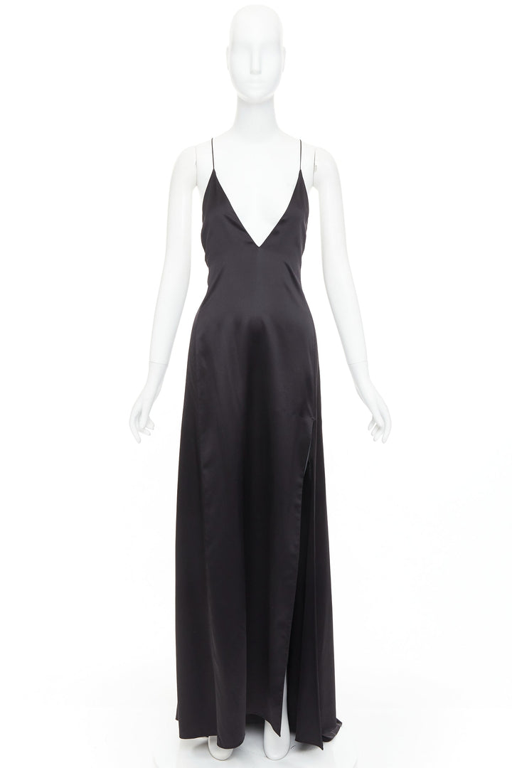 SAINT LAURENT 2022 Runway black silk plunge open back high slit slip gown FR40 M