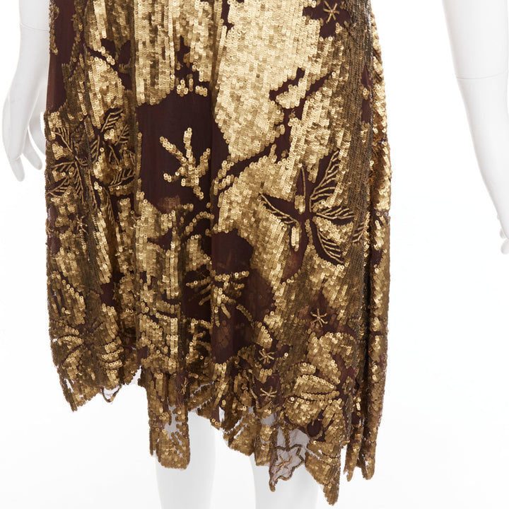 WUNDERKIND bronze gold brown 100% silk floral sequin handkerchief dress US2 S