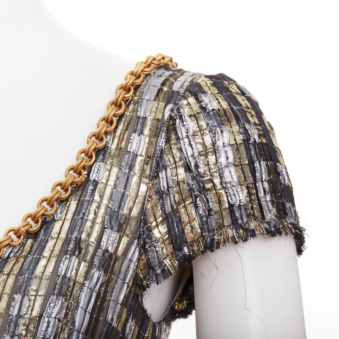 DOLCE GABBANA metallic gold silver check jacquard gold chain belt dress IT38 XS