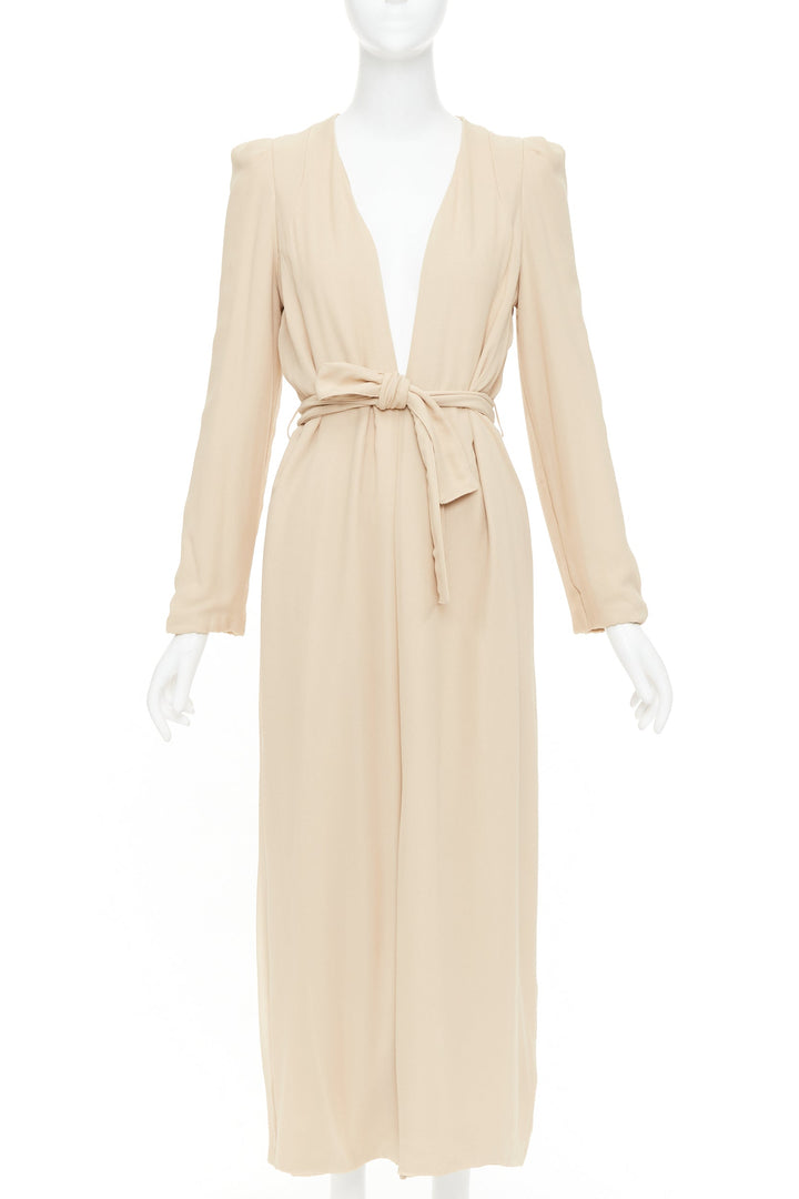 RYAN ROCHE beige double layer silk georgette V neck tie belted coat US4 S