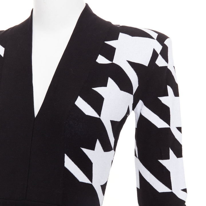 BALMAIN Houndstooth Mini black white bold print jacquard padded dress FR36 S